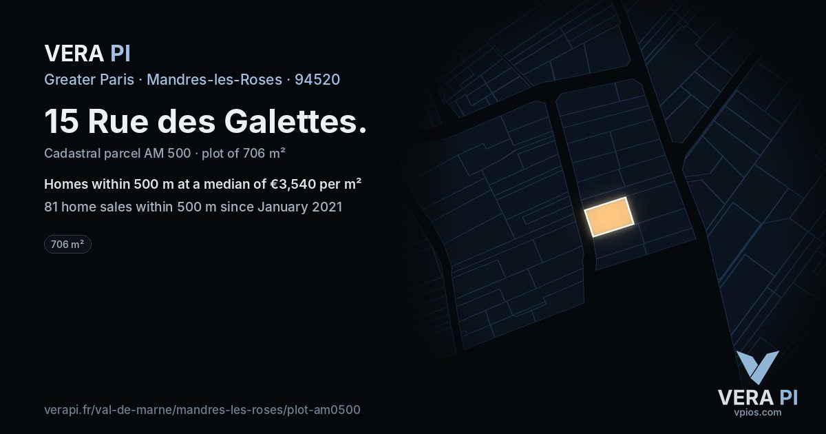 15 Rue des Galettes, Mandres-les-Roses at night – the plot lit, the parcels around coloured by the prices near them