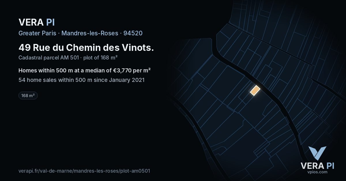 49 Rue du Chemin des Vinots, Mandres-les-Roses at night – the plot lit, the parcels around coloured by the prices near them
