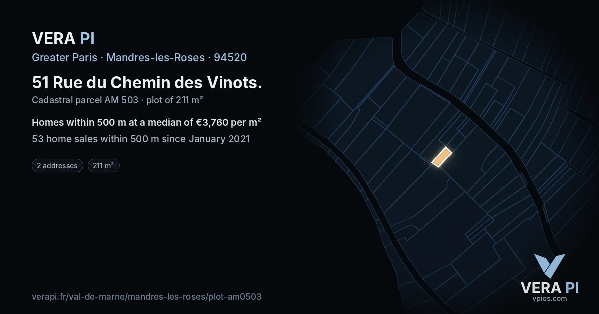 51 Rue du Chemin des Vinots, Mandres-les-Roses at night – the plot lit, the parcels around coloured by the prices near them
