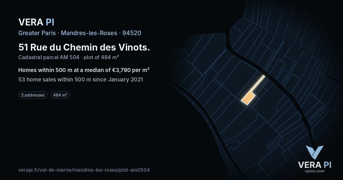 51 Rue du Chemin des Vinots, Mandres-les-Roses at night – the plot lit, the parcels around coloured by the prices near them