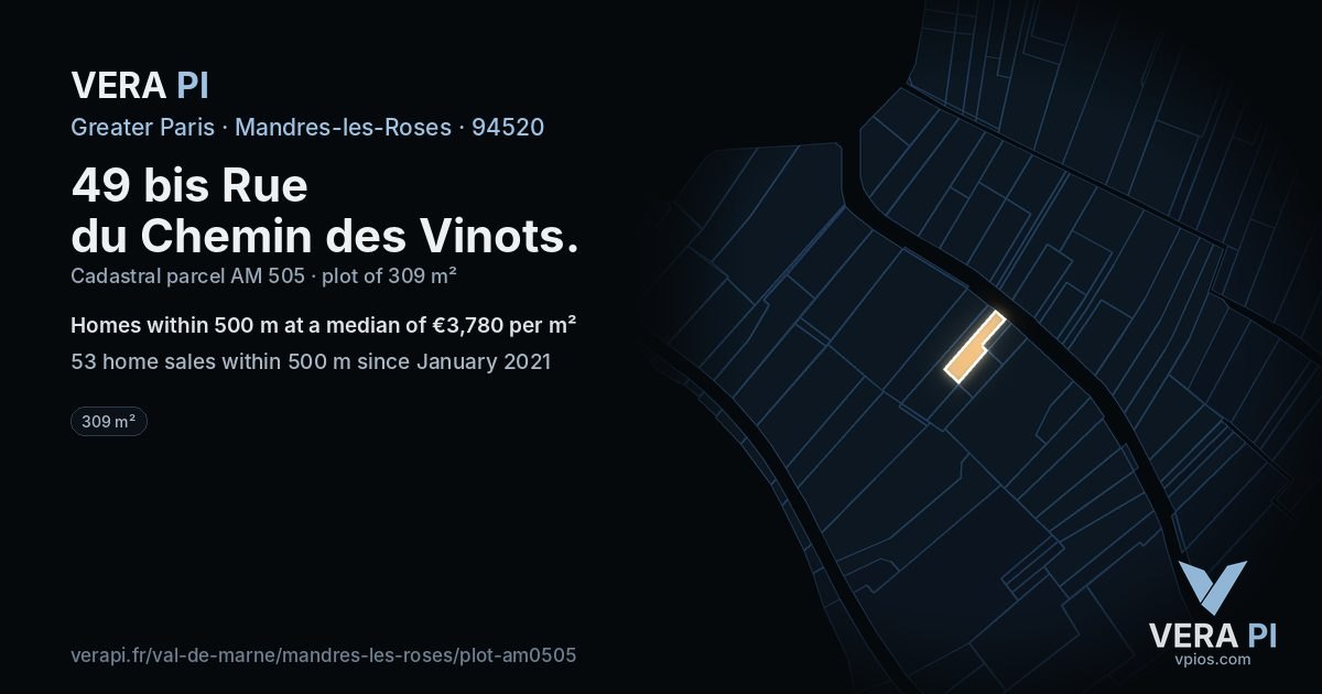 49 bis Rue du Chemin des Vinots, Mandres-les-Roses at night – the plot lit, the parcels around coloured by the prices near them