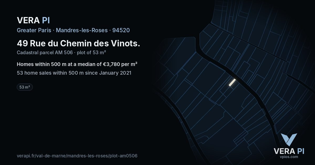 49 Rue du Chemin des Vinots, Mandres-les-Roses at night – the plot lit, the parcels around coloured by the prices near them