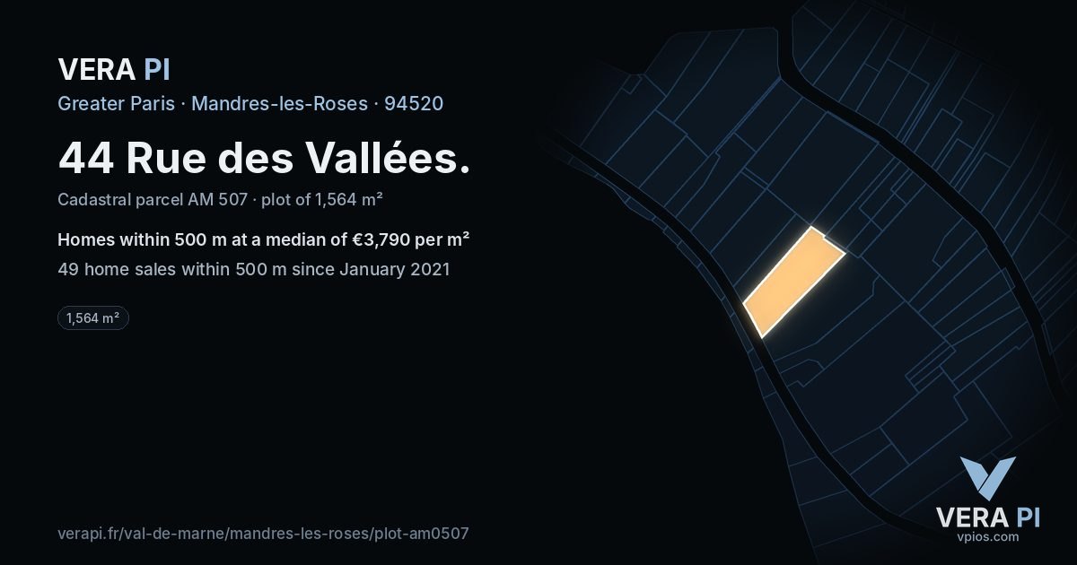 44 Rue des Vallées, Mandres-les-Roses at night – the plot lit, the parcels around coloured by the prices near them