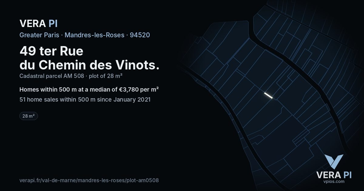 49 ter Rue du Chemin des Vinots, Mandres-les-Roses at night – the plot lit, the parcels around coloured by the prices near them