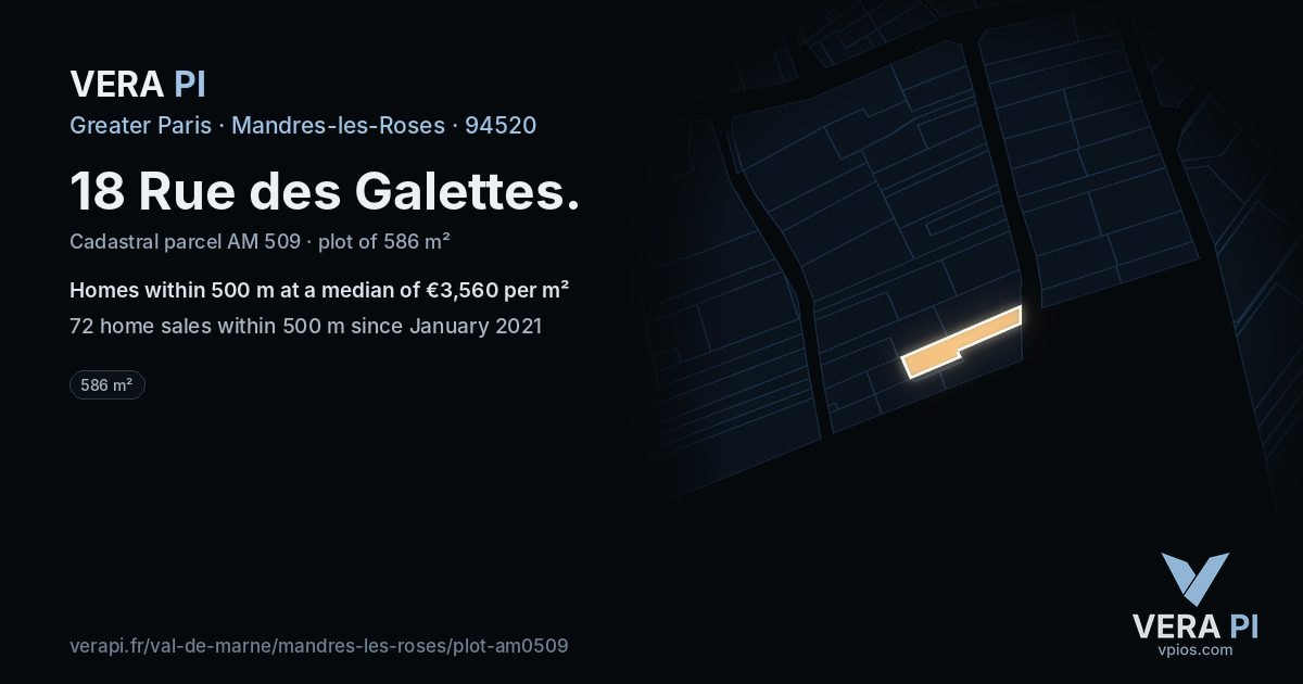 18 Rue des Galettes, Mandres-les-Roses at night – the plot lit, the parcels around coloured by the prices near them