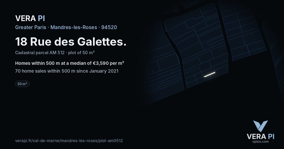 18 Rue des Galettes, Mandres-les-Roses at night – the plot lit, the parcels around coloured by the prices near them