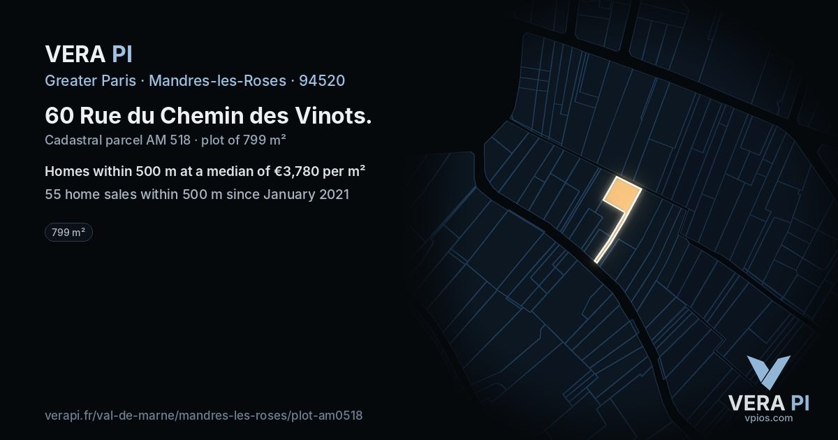 60 Rue du Chemin des Vinots, Mandres-les-Roses at night – the plot lit, the parcels around coloured by the prices near them