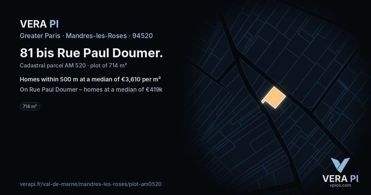 81 bis Rue Paul Doumer, Mandres-les-Roses at night – the plot lit, the parcels around coloured by the prices near them