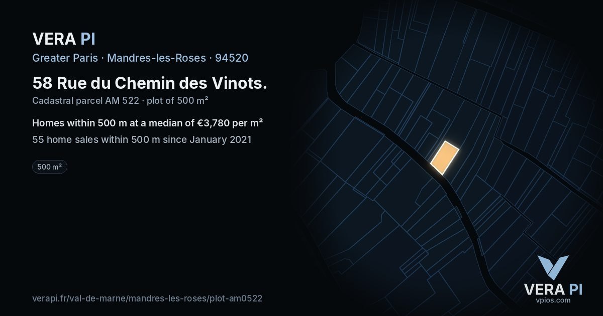 58 Rue du Chemin des Vinots, Mandres-les-Roses at night – the plot lit, the parcels around coloured by the prices near them
