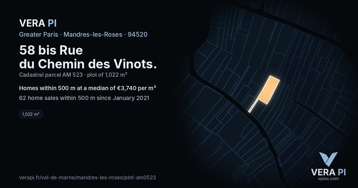 58 bis Rue du Chemin des Vinots, Mandres-les-Roses at night – the plot lit, the parcels around coloured by the prices near them