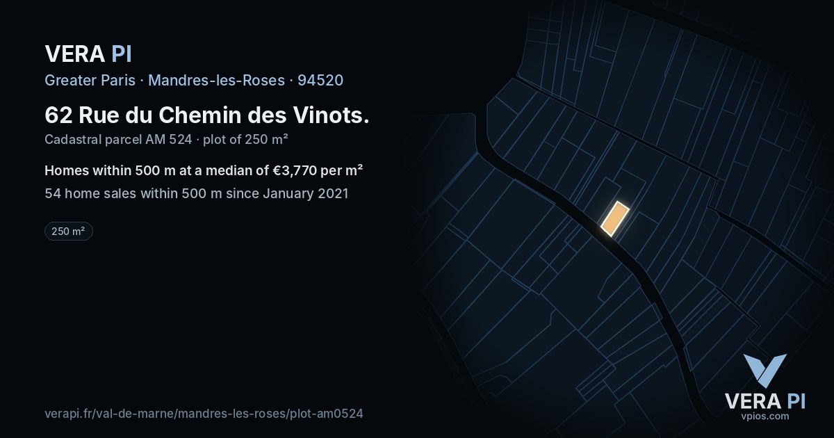 62 Rue du Chemin des Vinots, Mandres-les-Roses at night – the plot lit, the parcels around coloured by the prices near them