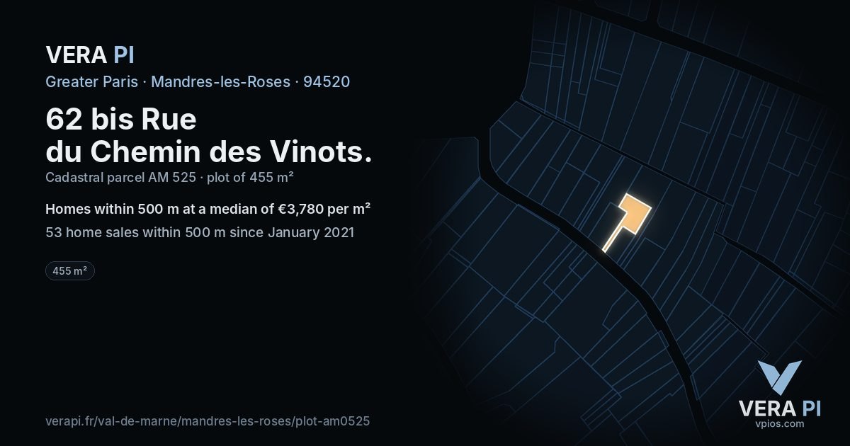 62 bis Rue du Chemin des Vinots, Mandres-les-Roses at night – the plot lit, the parcels around coloured by the prices near them