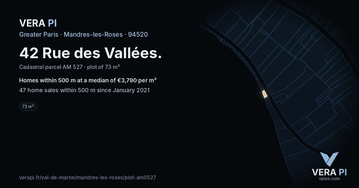 42 Rue des Vallées, Mandres-les-Roses at night – the plot lit, the parcels around coloured by the prices near them