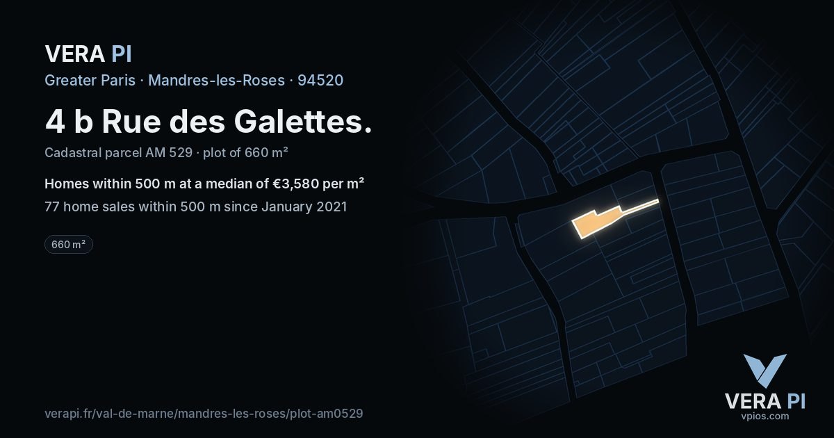 4 b Rue des Galettes, Mandres-les-Roses at night – the plot lit, the parcels around coloured by the prices near them