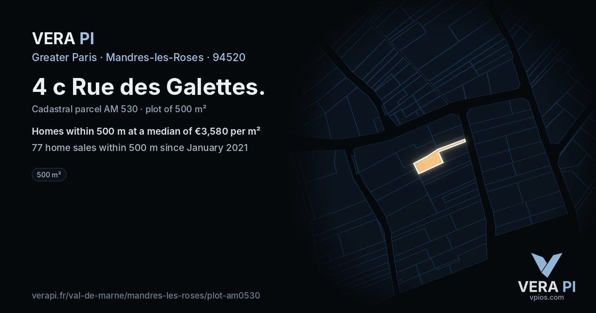 4 c Rue des Galettes, Mandres-les-Roses at night – the plot lit, the parcels around coloured by the prices near them