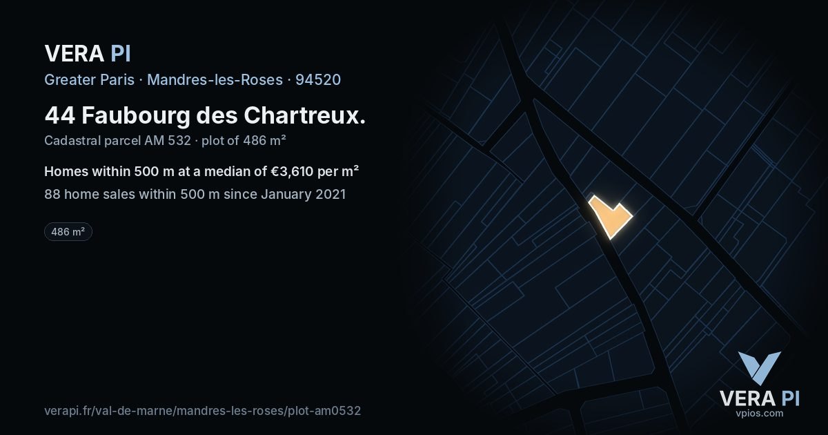 44 Faubourg des Chartreux, Mandres-les-Roses at night – the plot lit, the parcels around coloured by the prices near them