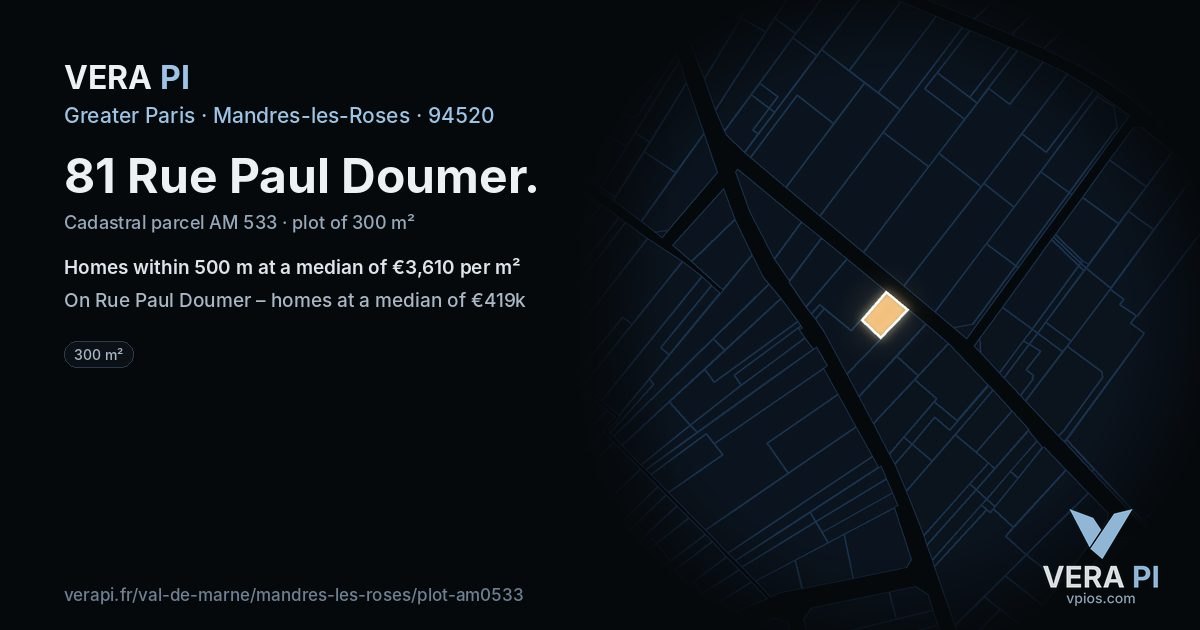 81 Rue Paul Doumer, Mandres-les-Roses at night – the plot lit, the parcels around coloured by the prices near them