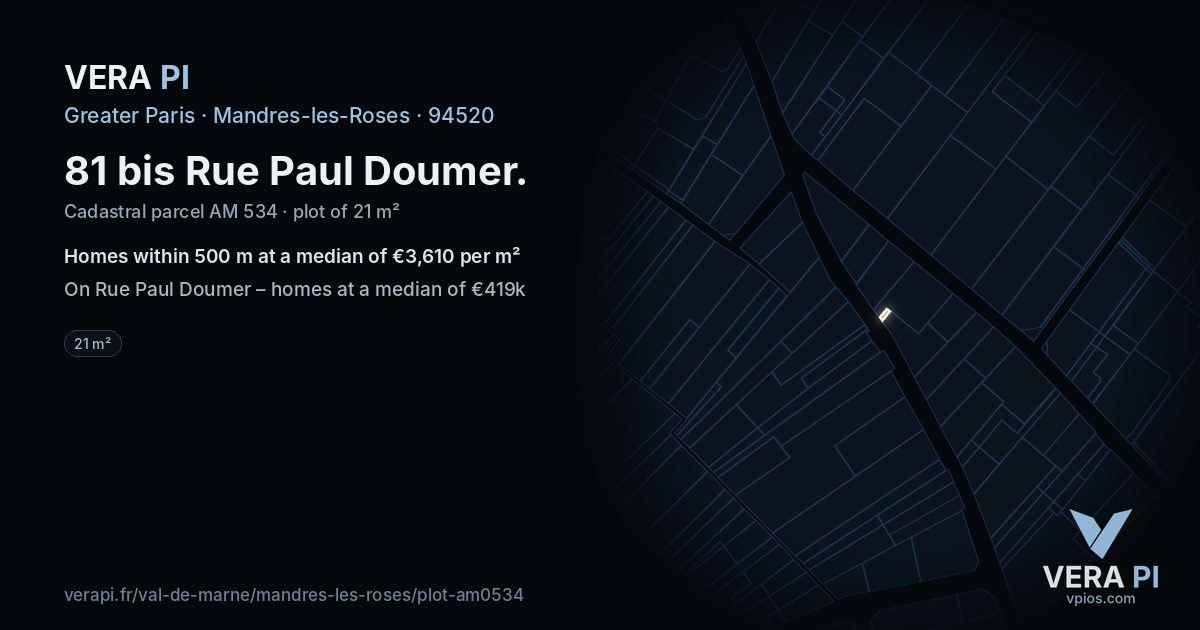 81 bis Rue Paul Doumer, Mandres-les-Roses at night – the plot lit, the parcels around coloured by the prices near them