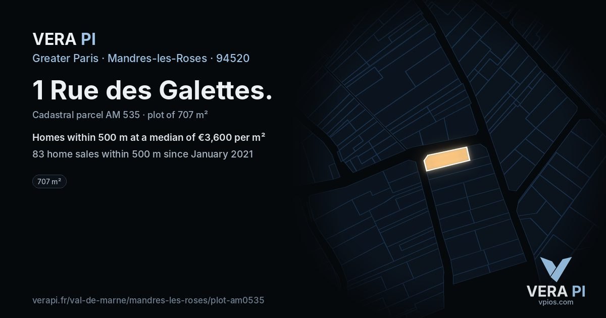 1 Rue des Galettes, Mandres-les-Roses at night – the plot lit, the parcels around coloured by the prices near them
