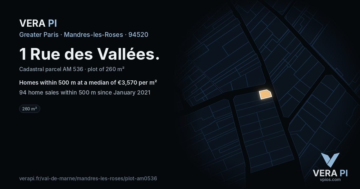 1 Rue des Vallées, Mandres-les-Roses at night – the plot lit, the parcels around coloured by the prices near them