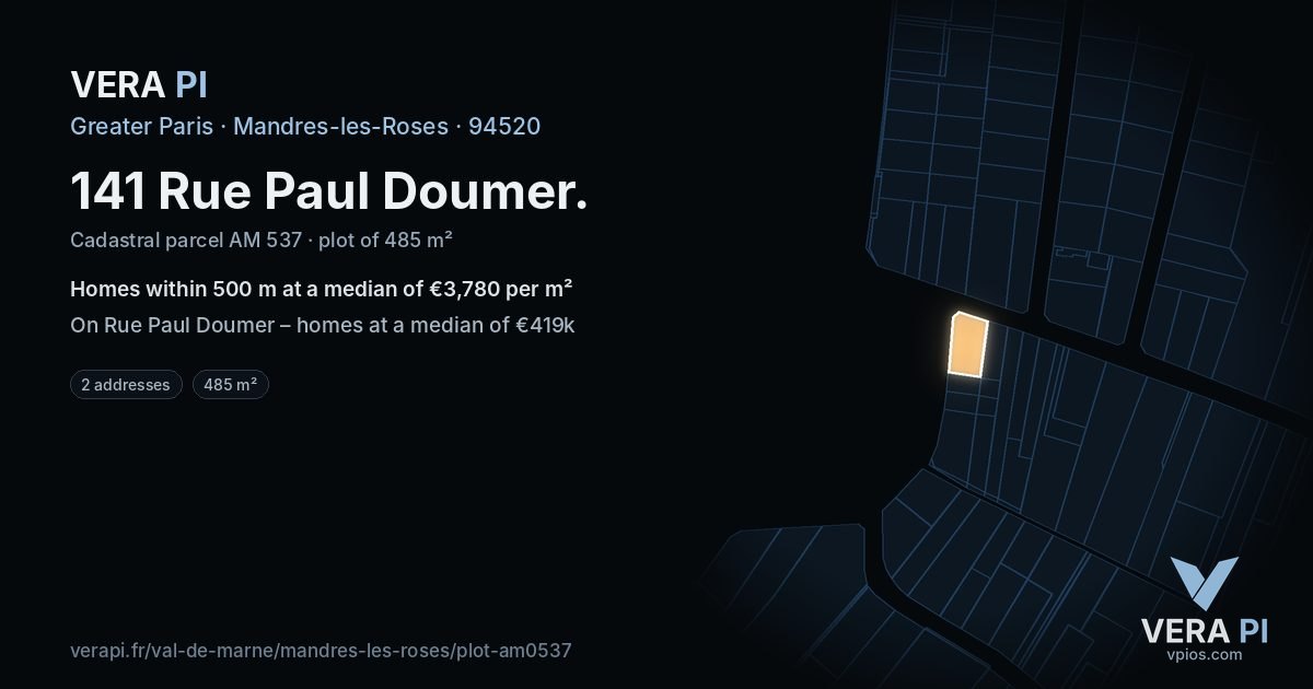 141 Rue Paul Doumer, Mandres-les-Roses at night – the plot lit, the parcels around coloured by the prices near them