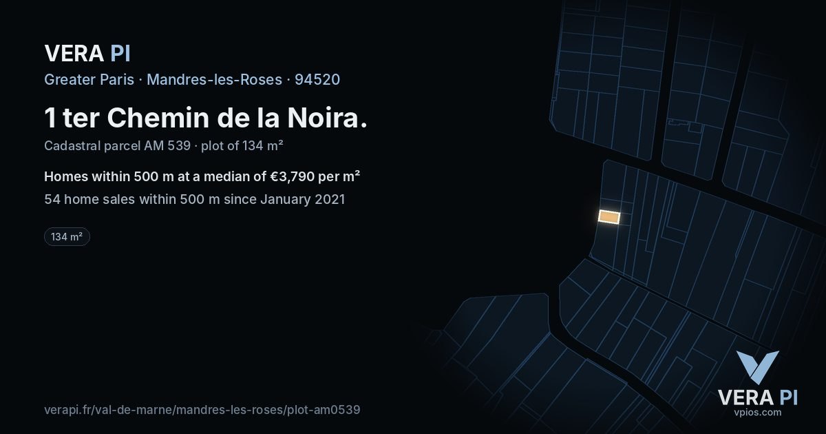 1 ter Chemin de la Noira, Mandres-les-Roses at night – the plot lit, the parcels around coloured by the prices near them