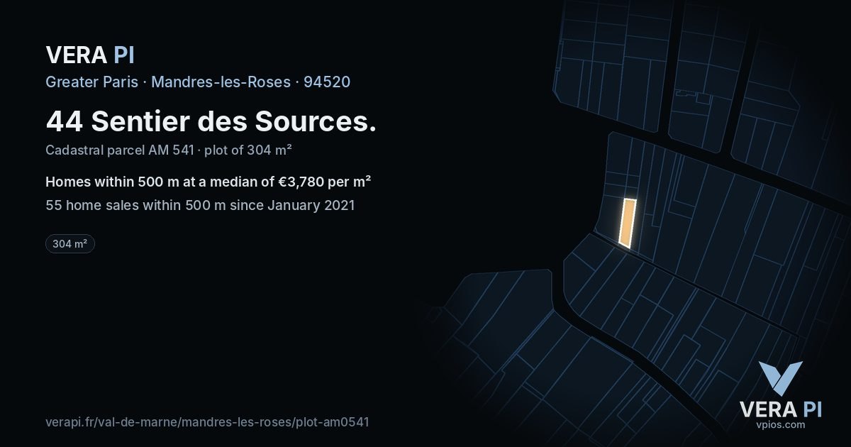 44 Sentier des Sources, Mandres-les-Roses at night – the plot lit, the parcels around coloured by the prices near them