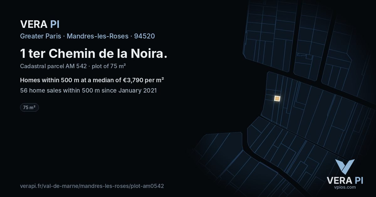 1 ter Chemin de la Noira, Mandres-les-Roses at night – the plot lit, the parcels around coloured by the prices near them
