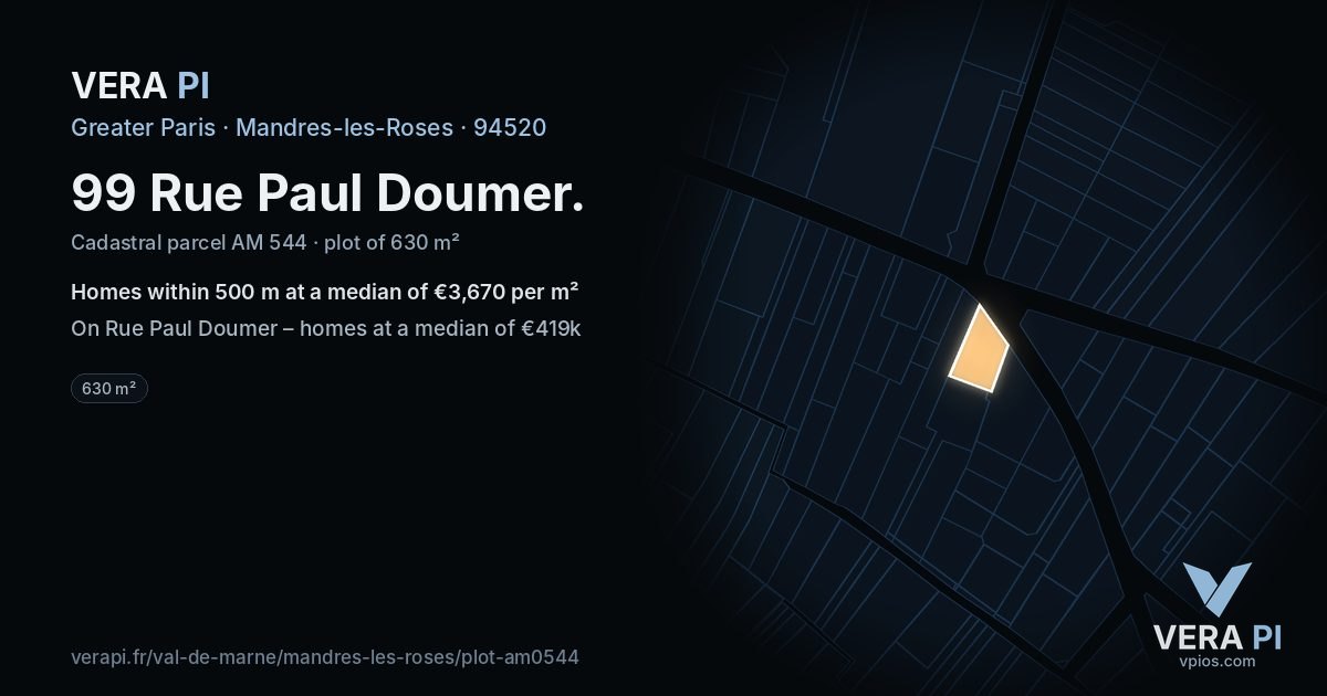 99 Rue Paul Doumer, Mandres-les-Roses at night – the plot lit, the parcels around coloured by the prices near them