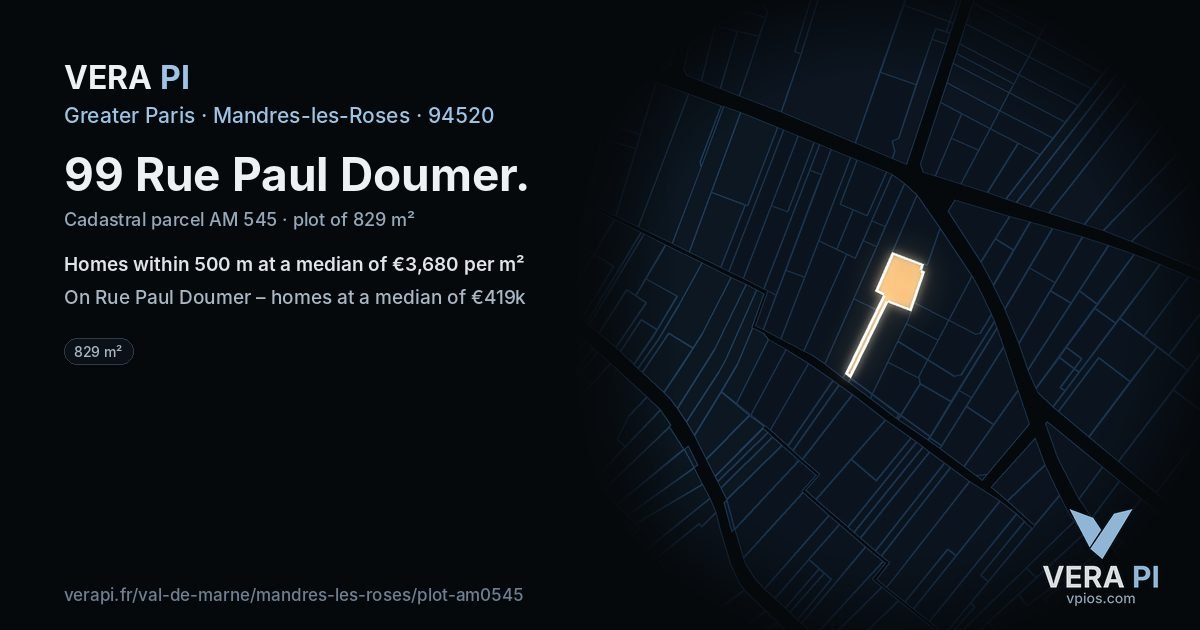 99 Rue Paul Doumer, Mandres-les-Roses at night – the plot lit, the parcels around coloured by the prices near them