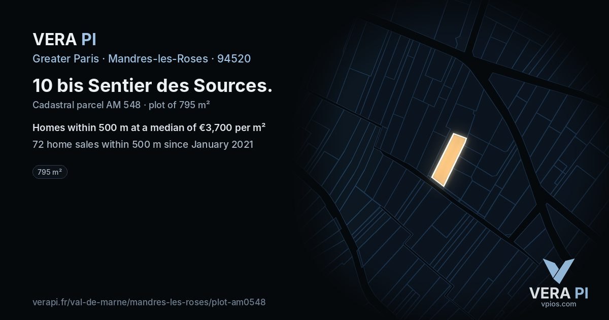 10 bis Sentier des Sources, Mandres-les-Roses at night – the plot lit, the parcels around coloured by the prices near them