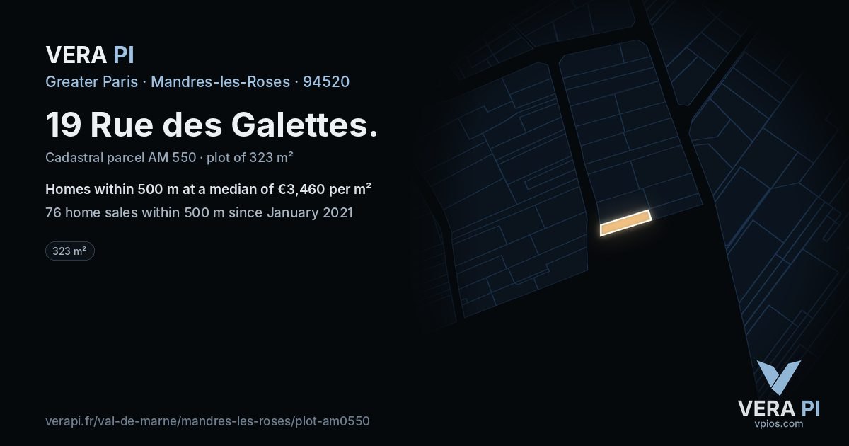 19 Rue des Galettes, Mandres-les-Roses at night – the plot lit, the parcels around coloured by the prices near them