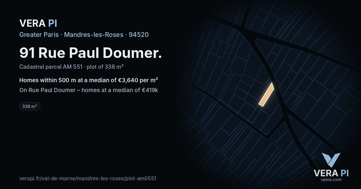 91 Rue Paul Doumer, Mandres-les-Roses at night – the plot lit, the parcels around coloured by the prices near them