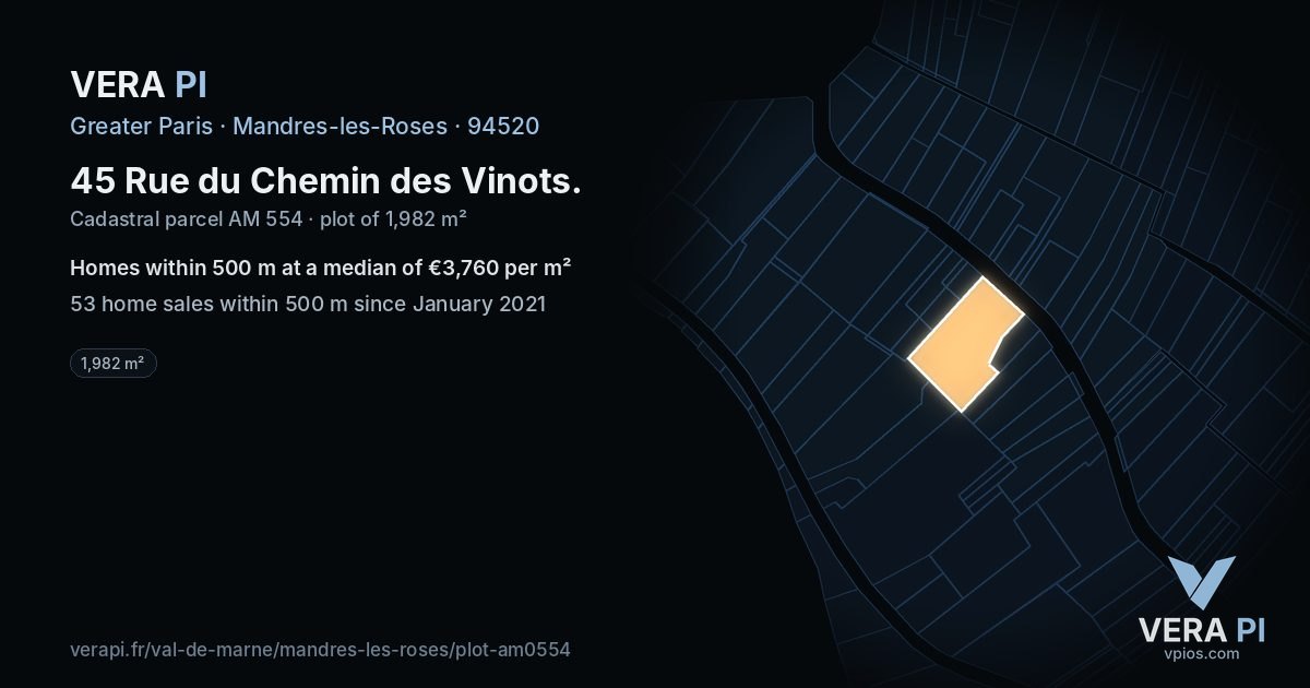 45 Rue du Chemin des Vinots, Mandres-les-Roses at night – the plot lit, the parcels around coloured by the prices near them