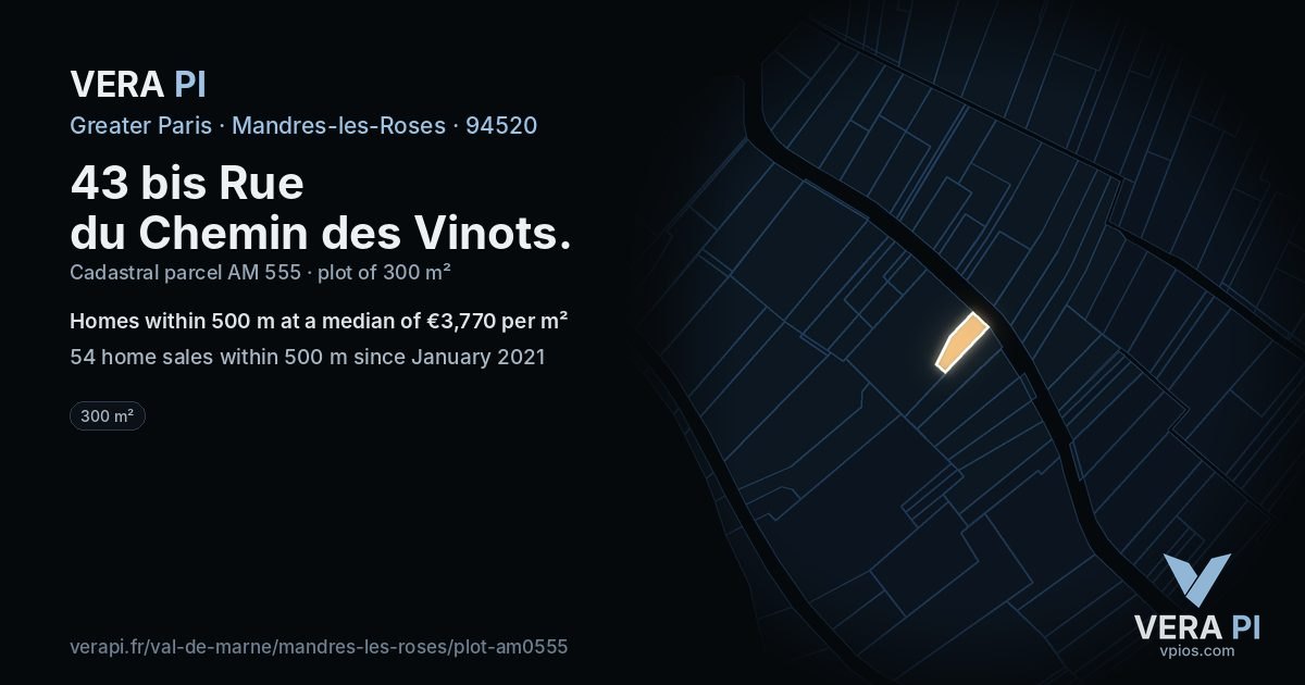 43 bis Rue du Chemin des Vinots, Mandres-les-Roses at night – the plot lit, the parcels around coloured by the prices near them