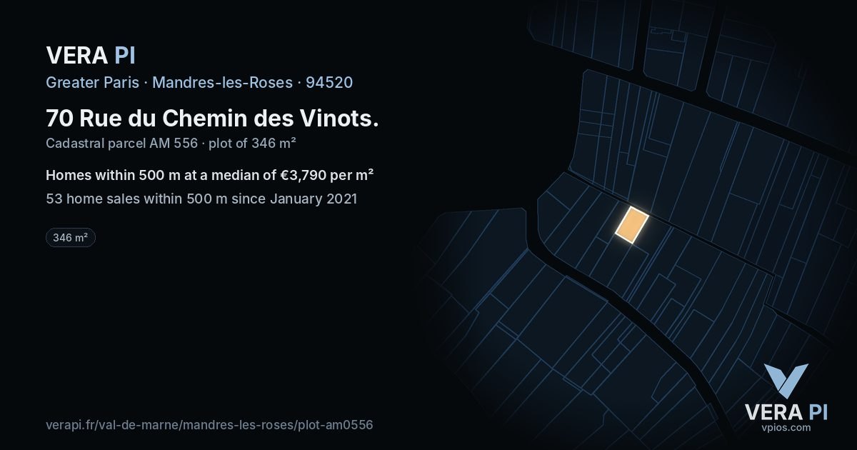 70 Rue du Chemin des Vinots, Mandres-les-Roses at night – the plot lit, the parcels around coloured by the prices near them