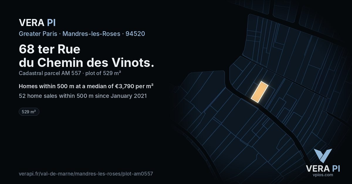 68 ter Rue du Chemin des Vinots, Mandres-les-Roses at night – the plot lit, the parcels around coloured by the prices near them
