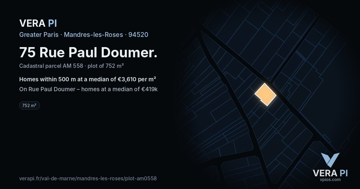 75 Rue Paul Doumer, Mandres-les-Roses at night – the plot lit, the parcels around coloured by the prices near them