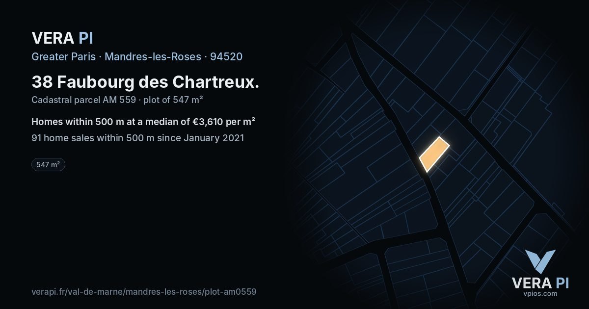 38 Faubourg des Chartreux, Mandres-les-Roses at night – the plot lit, the parcels around coloured by the prices near them