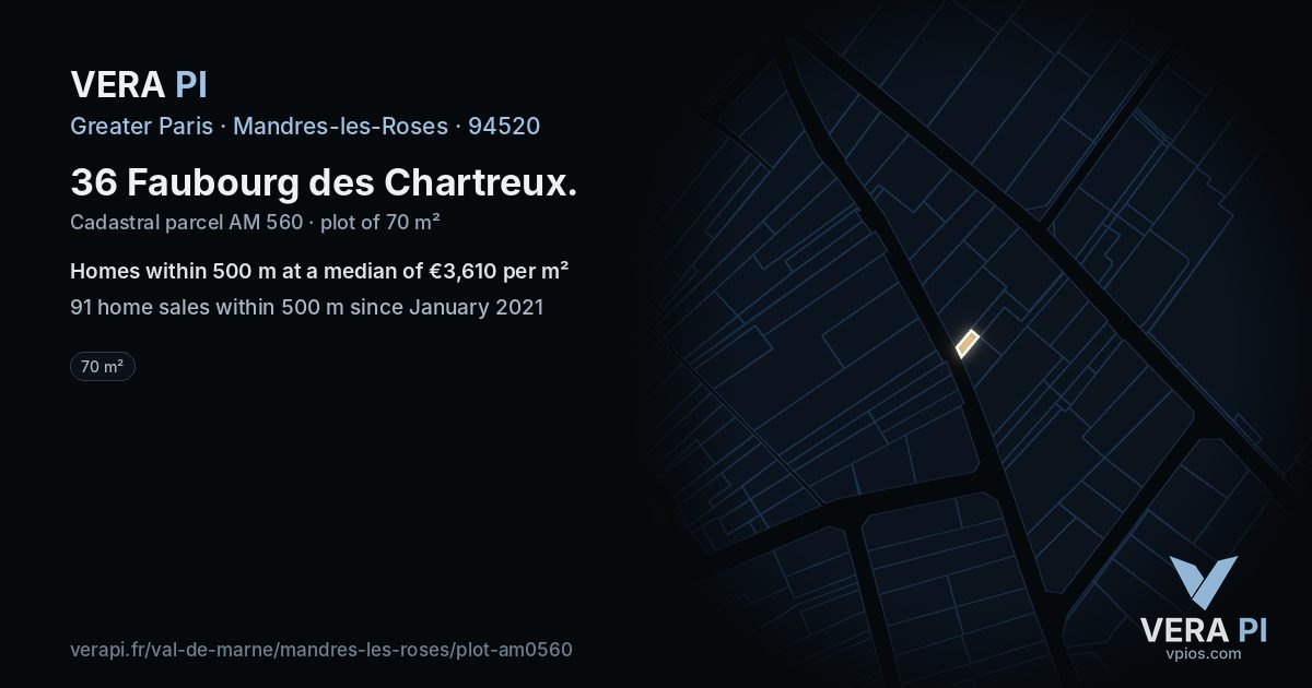 36 Faubourg des Chartreux, Mandres-les-Roses at night – the plot lit, the parcels around coloured by the prices near them