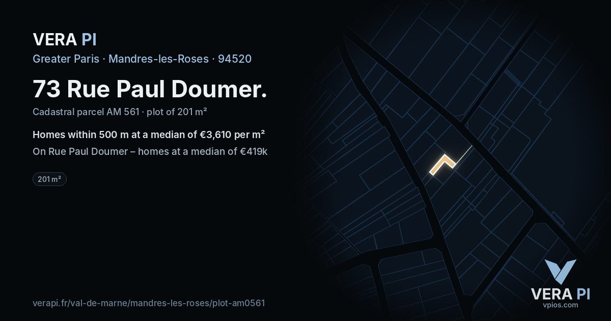 73 Rue Paul Doumer, Mandres-les-Roses at night – the plot lit, the parcels around coloured by the prices near them