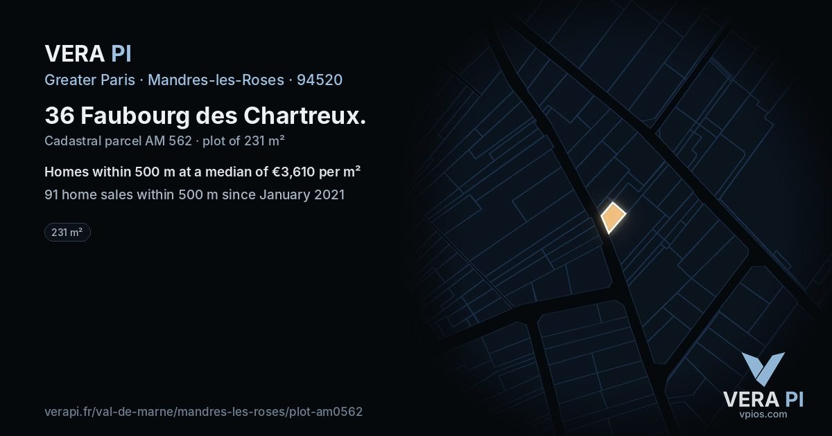 36 Faubourg des Chartreux, Mandres-les-Roses at night – the plot lit, the parcels around coloured by the prices near them