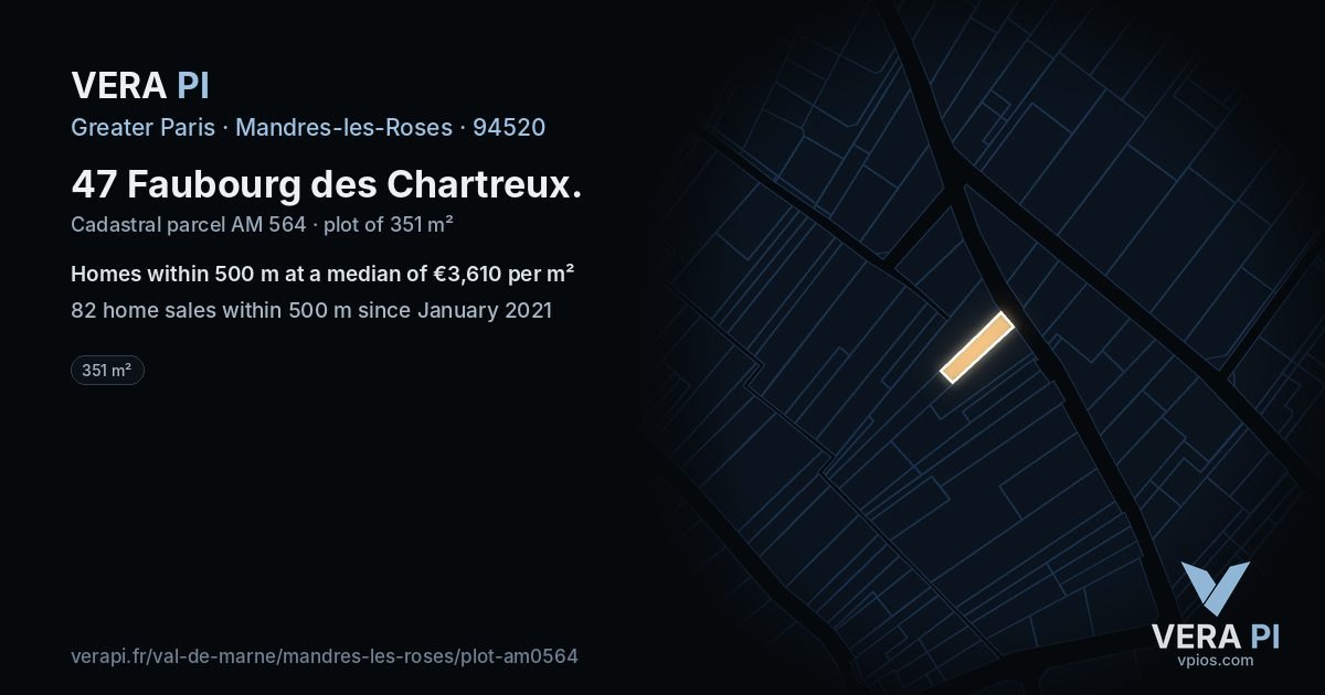 47 Faubourg des Chartreux, Mandres-les-Roses at night – the plot lit, the parcels around coloured by the prices near them