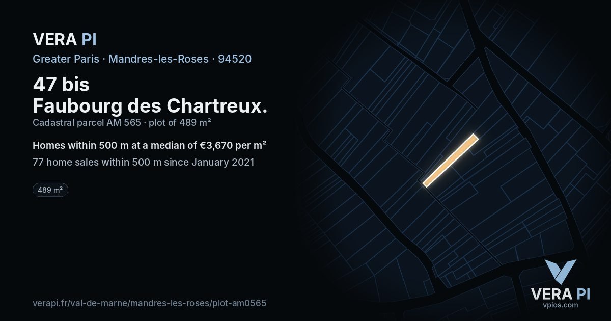 47 bis Faubourg des Chartreux, Mandres-les-Roses at night – the plot lit, the parcels around coloured by the prices near them