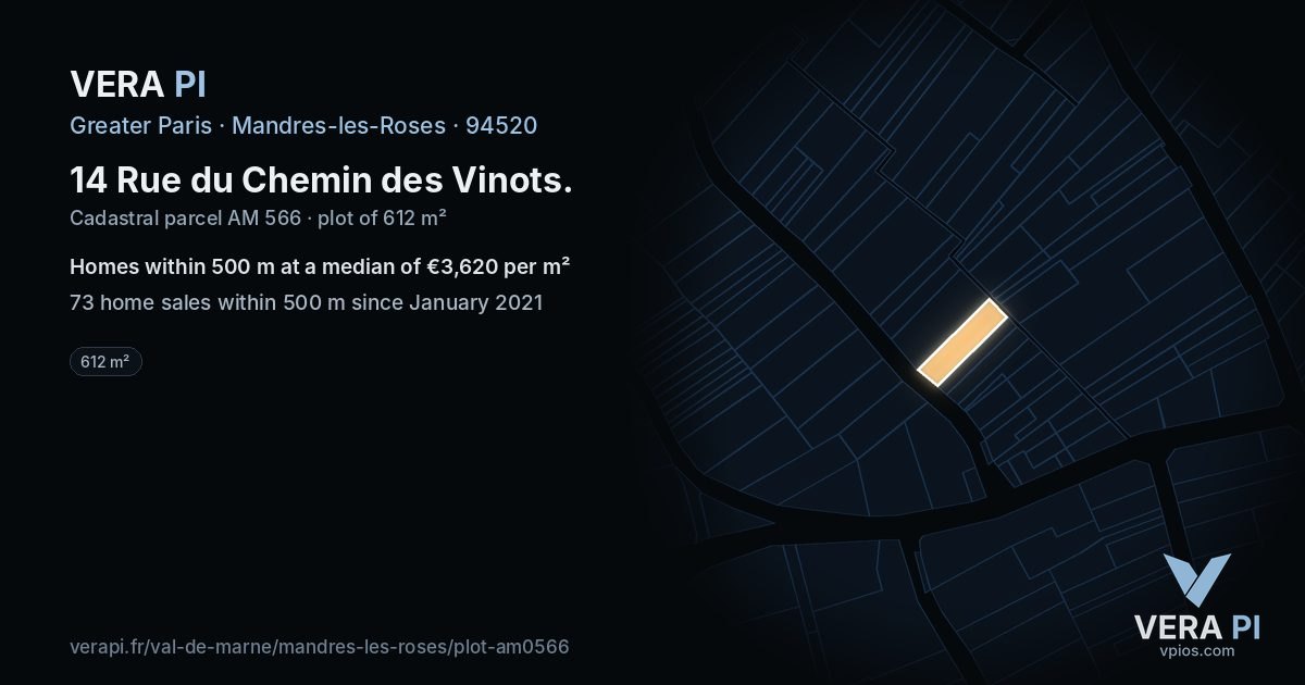 14 Rue du Chemin des Vinots, Mandres-les-Roses at night – the plot lit, the parcels around coloured by the prices near them
