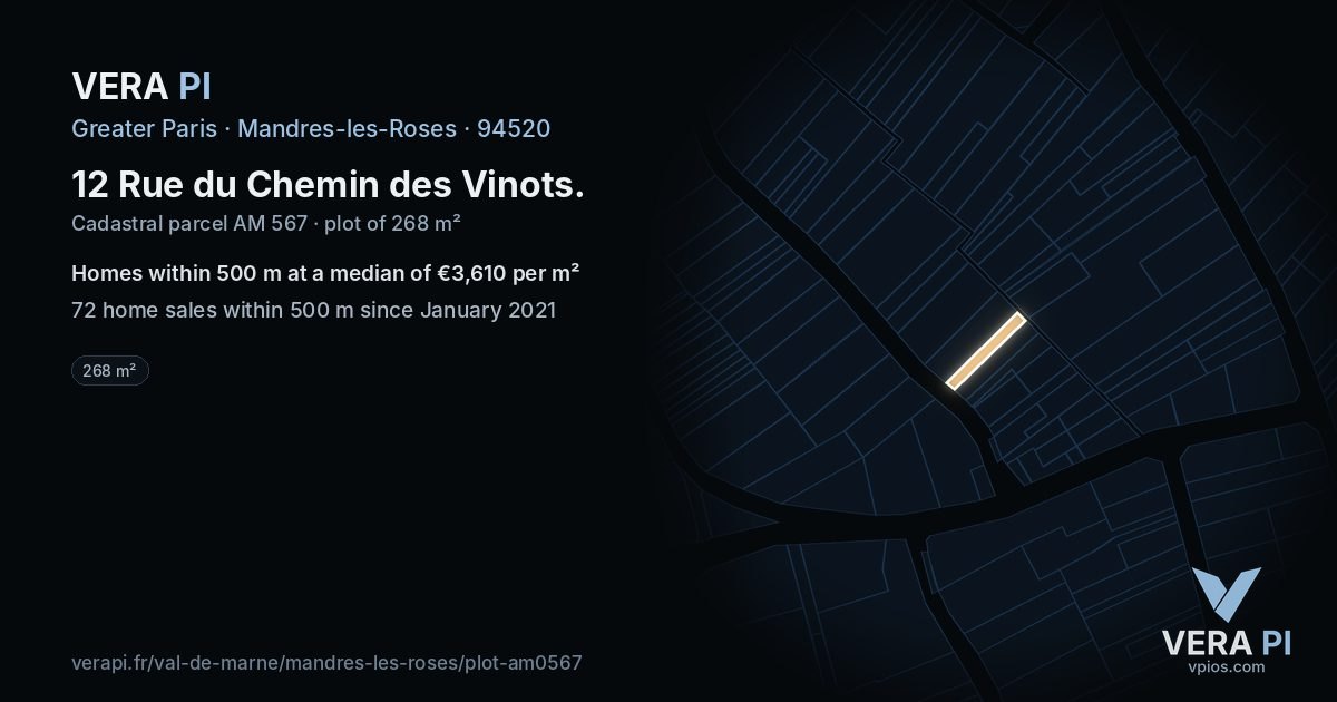 12 Rue du Chemin des Vinots, Mandres-les-Roses at night – the plot lit, the parcels around coloured by the prices near them