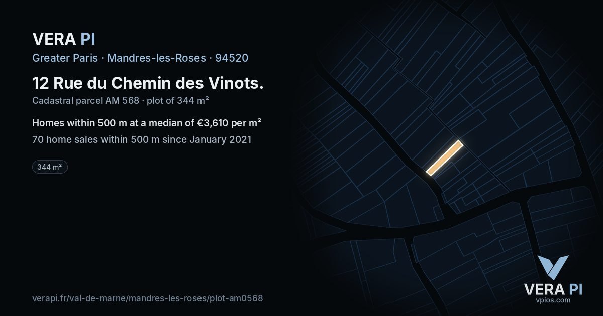 12 Rue du Chemin des Vinots, Mandres-les-Roses at night – the plot lit, the parcels around coloured by the prices near them