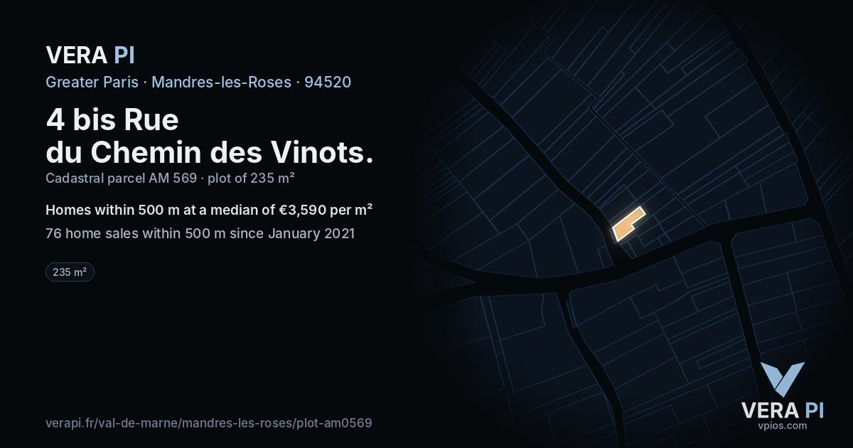 4 bis Rue du Chemin des Vinots, Mandres-les-Roses at night – the plot lit, the parcels around coloured by the prices near them