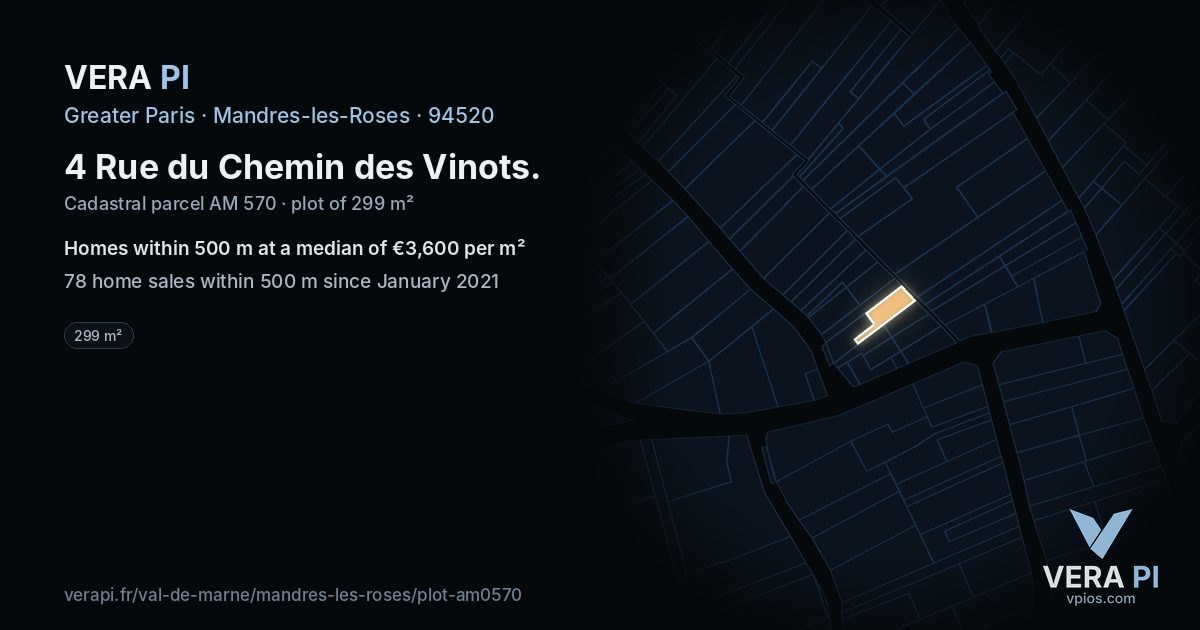 4 Rue du Chemin des Vinots, Mandres-les-Roses at night – the plot lit, the parcels around coloured by the prices near them