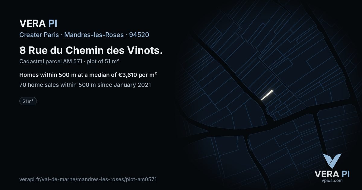 8 Rue du Chemin des Vinots, Mandres-les-Roses at night – the plot lit, the parcels around coloured by the prices near them